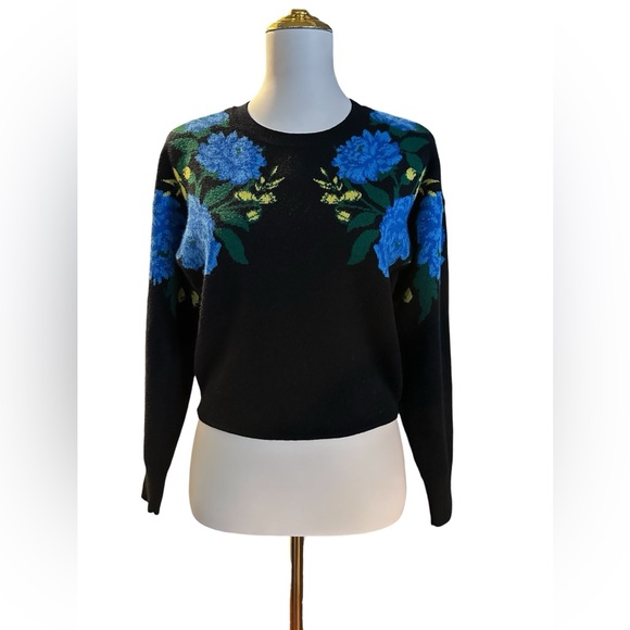 Maeve by Anthropologie Camryn Cropped Sweater Black w/ Blue & Yellow Floral - Picture 4 of 14